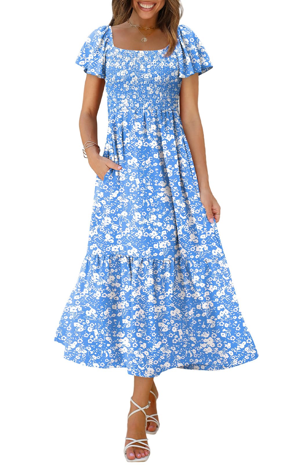OFEEFAN Summer Dresses for Women Square Neck Ruffle Sleeve Smocked Maxi Dress with Pockets