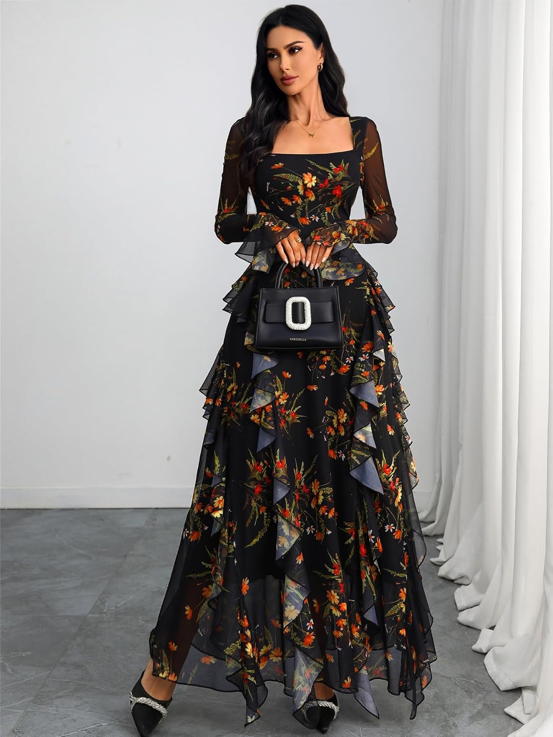 GothDark Women's Floral Dress Long Sleeve Square Neck Ruffle Party Outfit