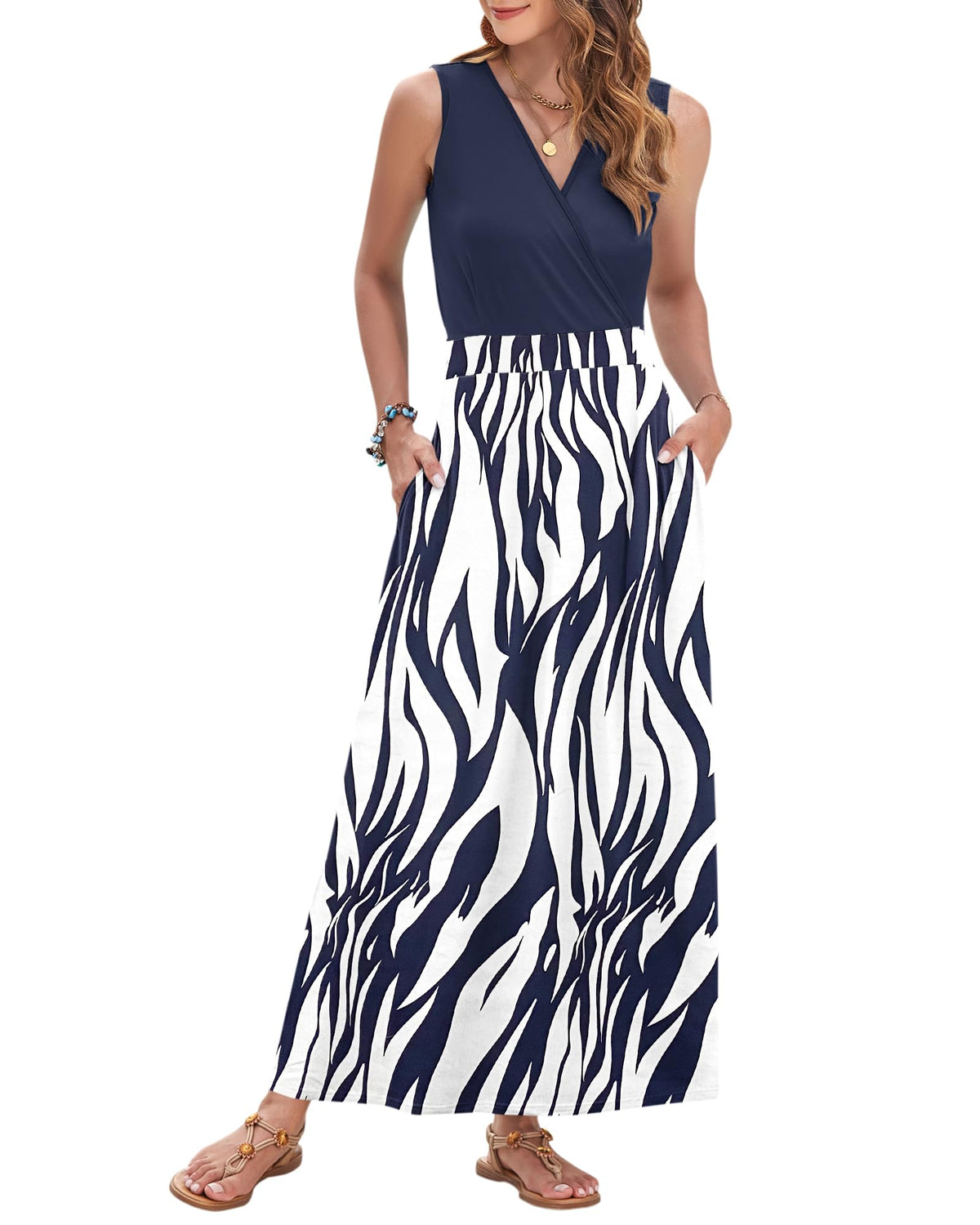 AUSELILY Womens Maxi Dress Summer Sleeveless Wrap Long Dresses with Pockets