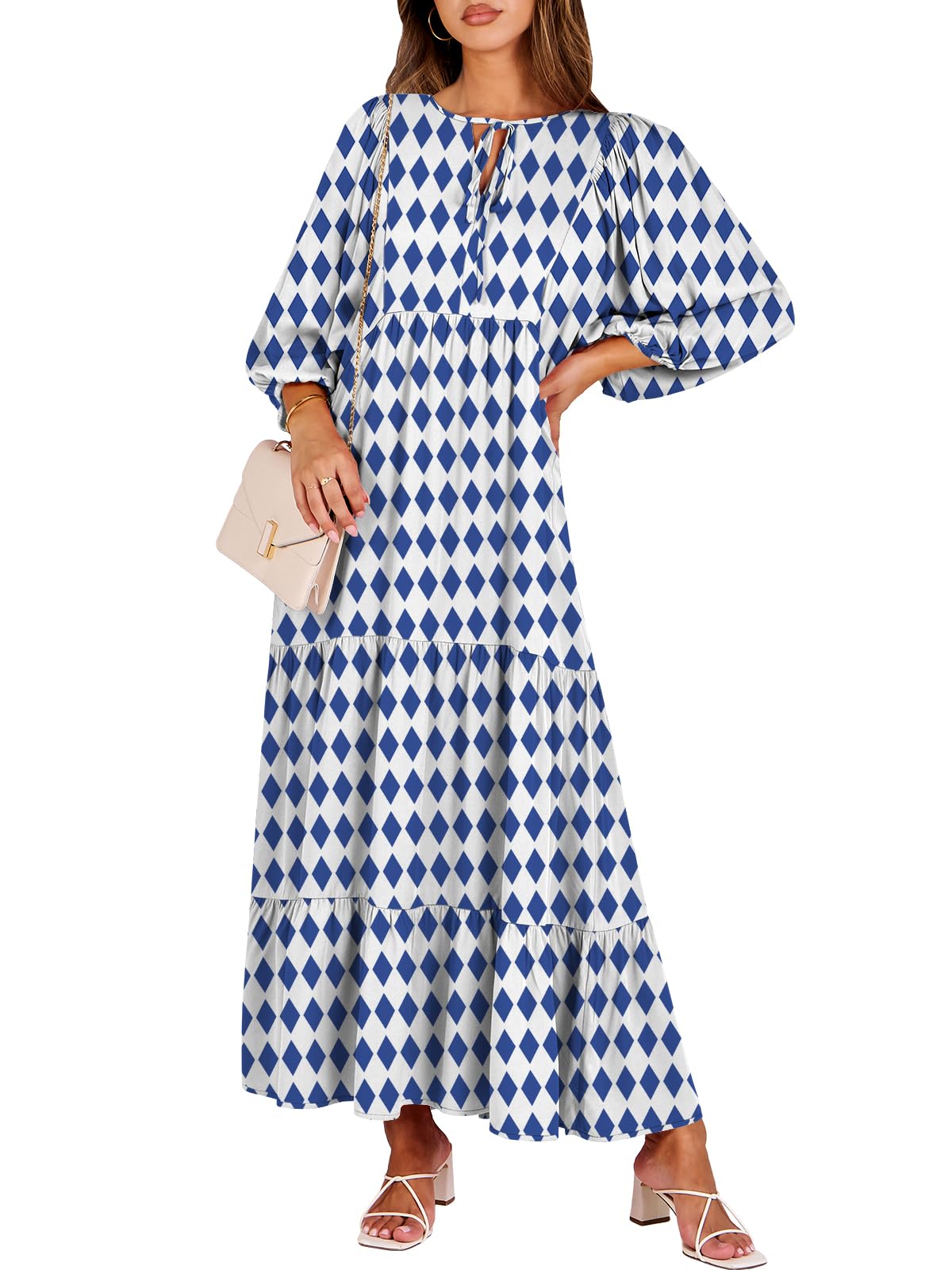 ANRABESS Womens Boho Floral 3/4 Puff Sleeve Maxi Dress