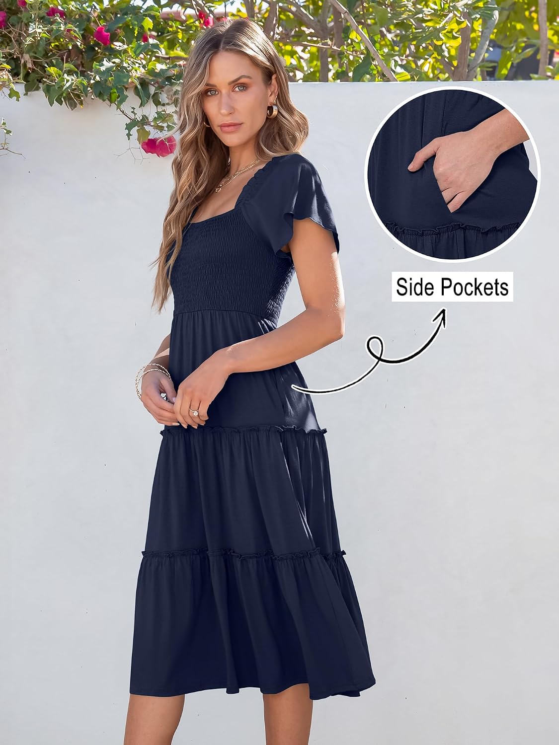 ANRABESS Women Summer Casual Square Neck Flutter Sleeve Boho Smocked A-Line Flowy Tiered Modest Midi Sun Dress with Pockets