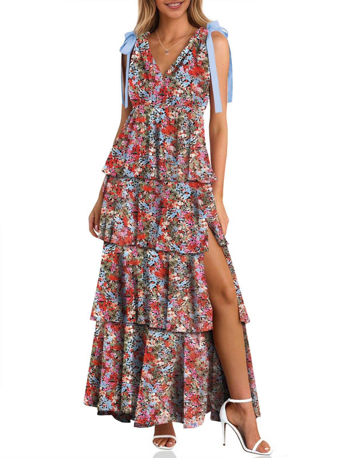 Wenrine Womens Elegant Wedding Guest Dress Floral Ruffle Maxi Dresses