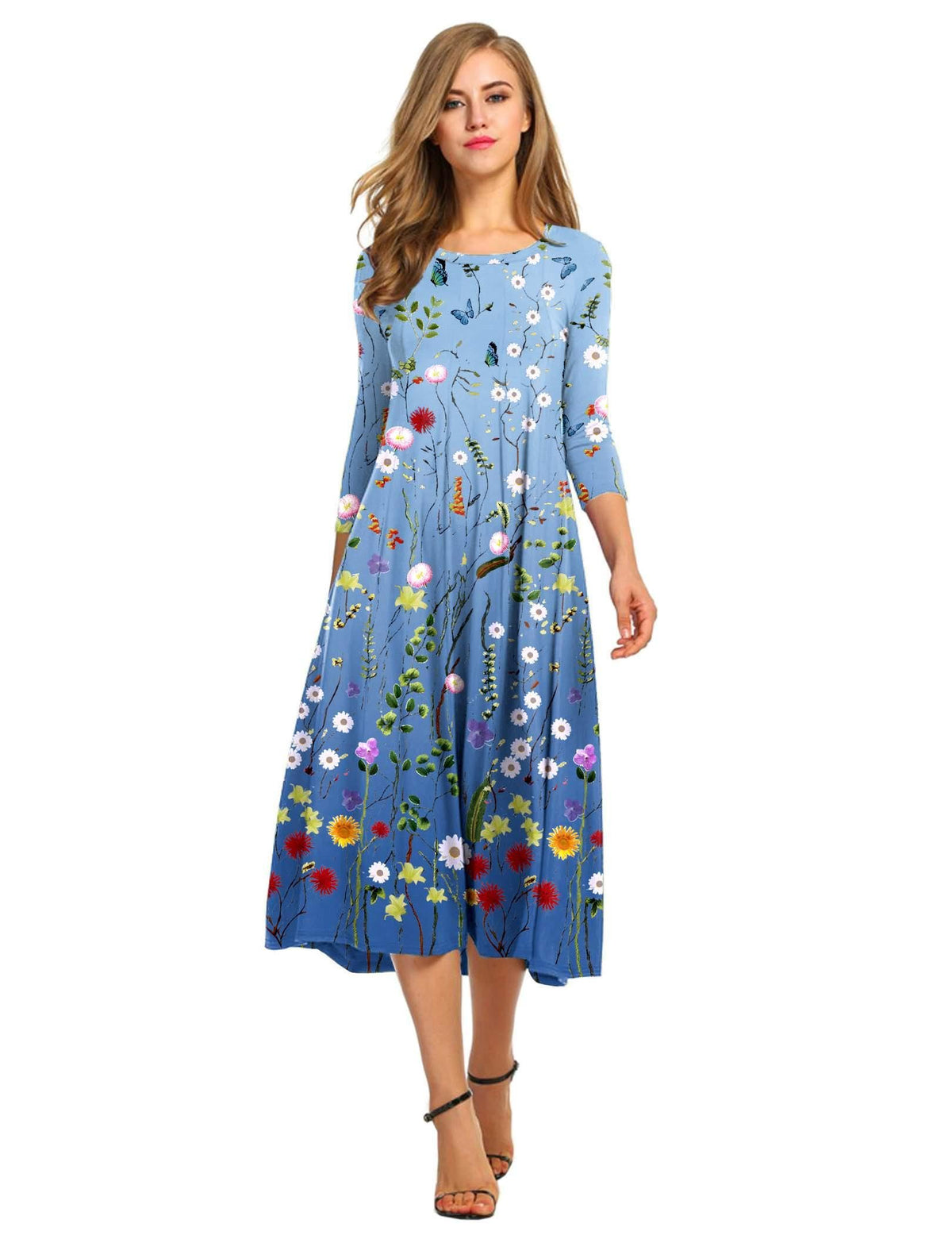 HOTOUCH Women's 3/4 Sleeve A-line and Flare Midi Long Dress