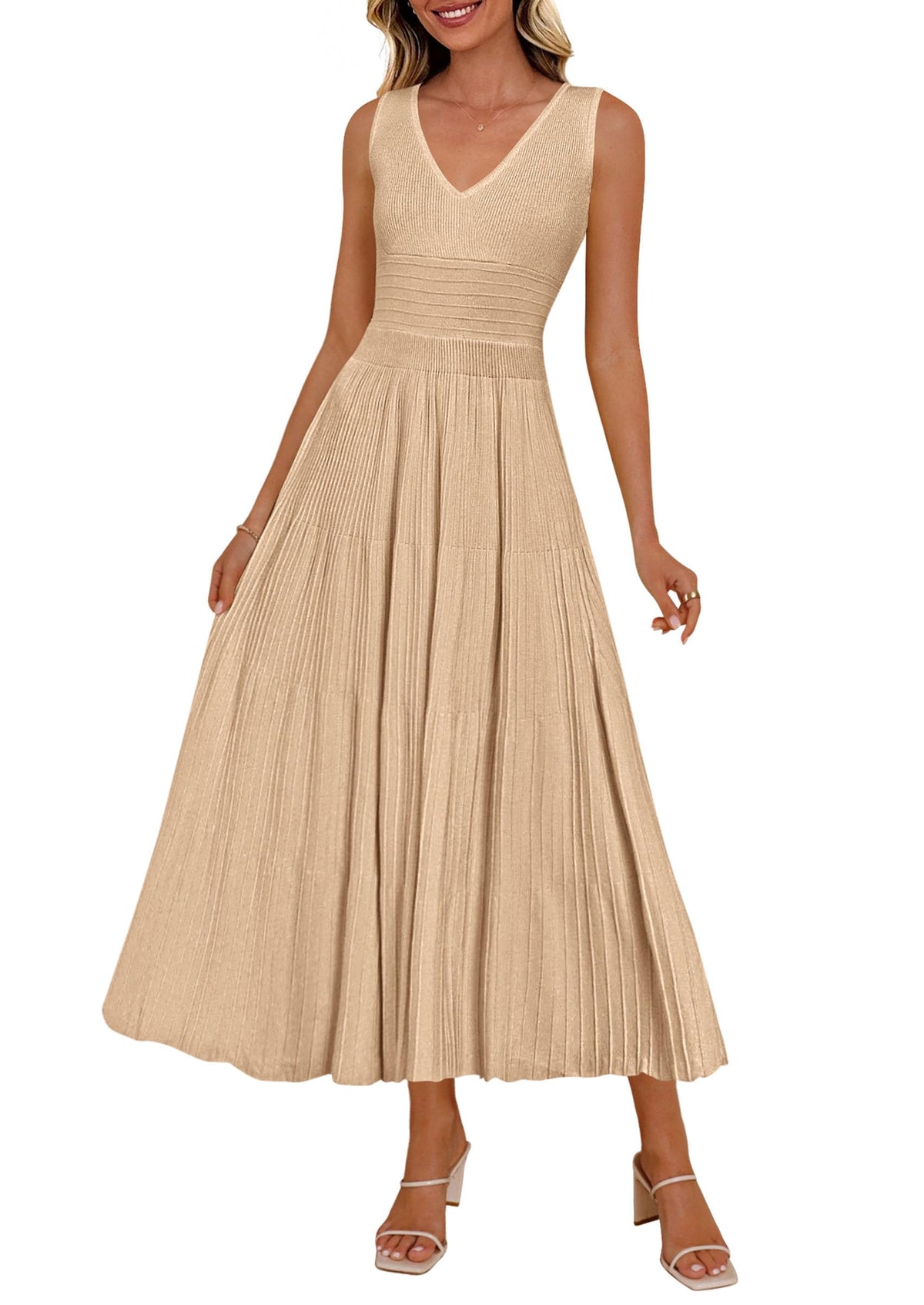 PRETTYGARDEN Women's Summer V Neck Pleated Midi Dress