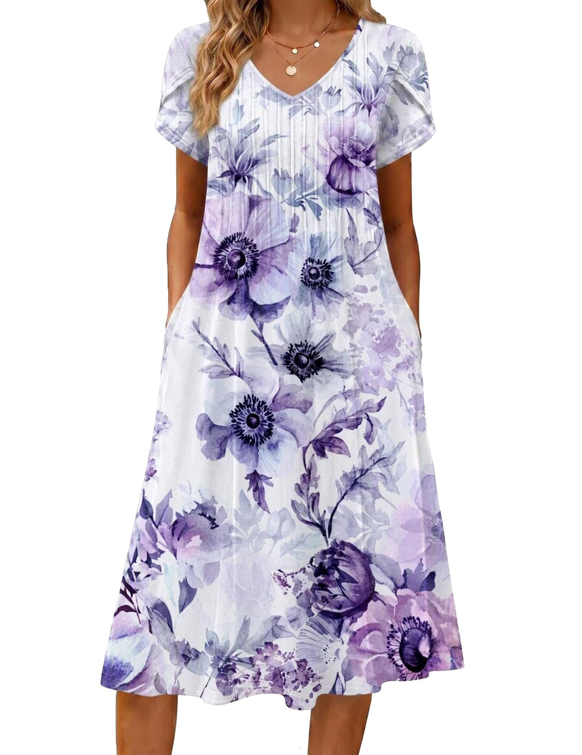 Zeagoo Womens Casual Summer Dress 2026 Short Sleeve Dresses Pleats Midi A Line Flowy Dress Boho Beach Sundress with Pockets
