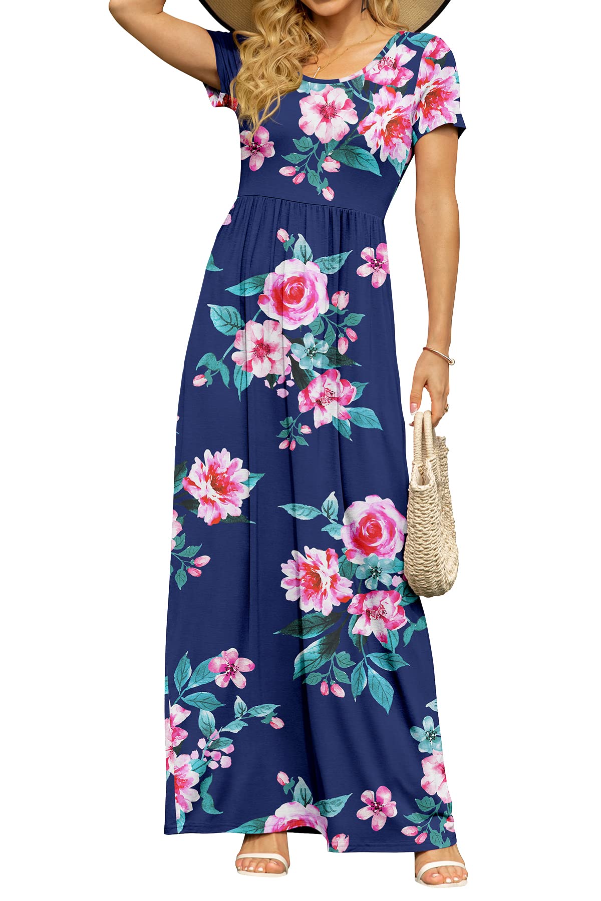 DB MOON Women's Summer Maxi Dress Casual Short Sleeve Empire Waist Pockets