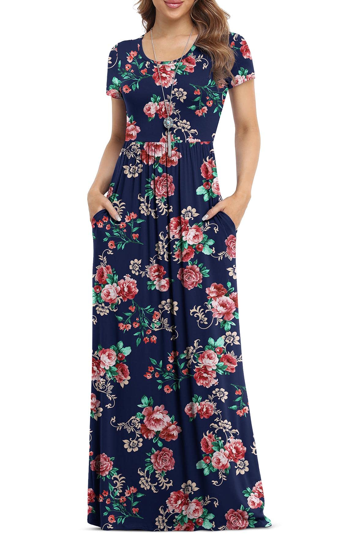 VIISHOW Women's Short Sleeve Loose Plain Maxi Dresses Casual Long Dresses with Pockets