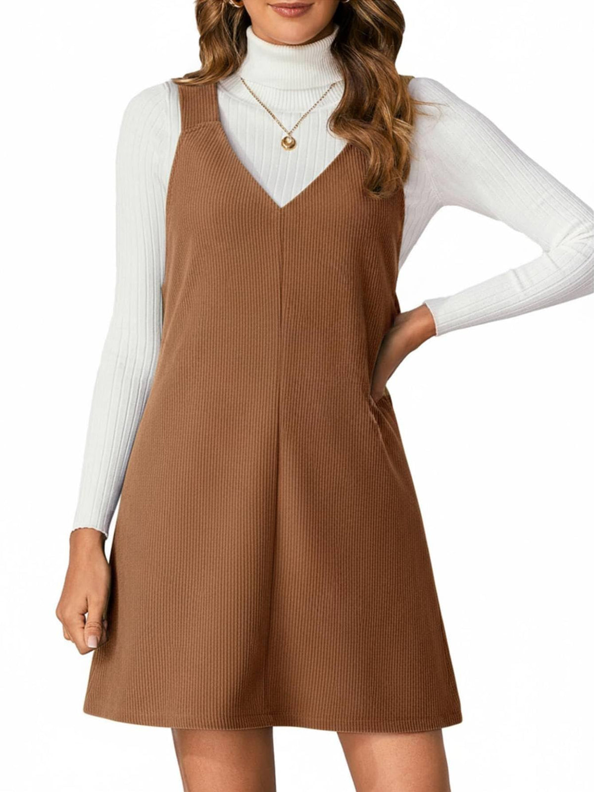 Milumia Women's V Neck Corduroy Overall Dress Mini Pinafore Jumper Dress