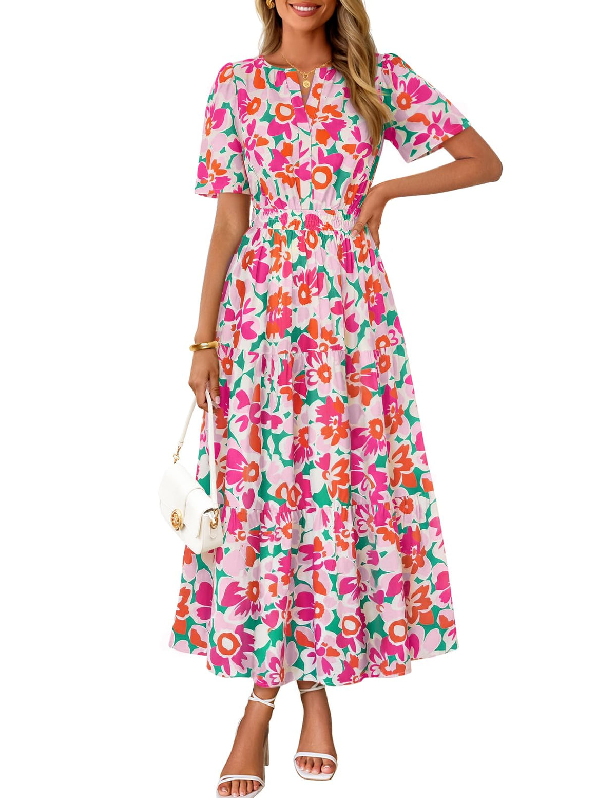 MEROKEETY Women's Summer Casual Floral Boho Short Sleeve Midi Maxi Dresses