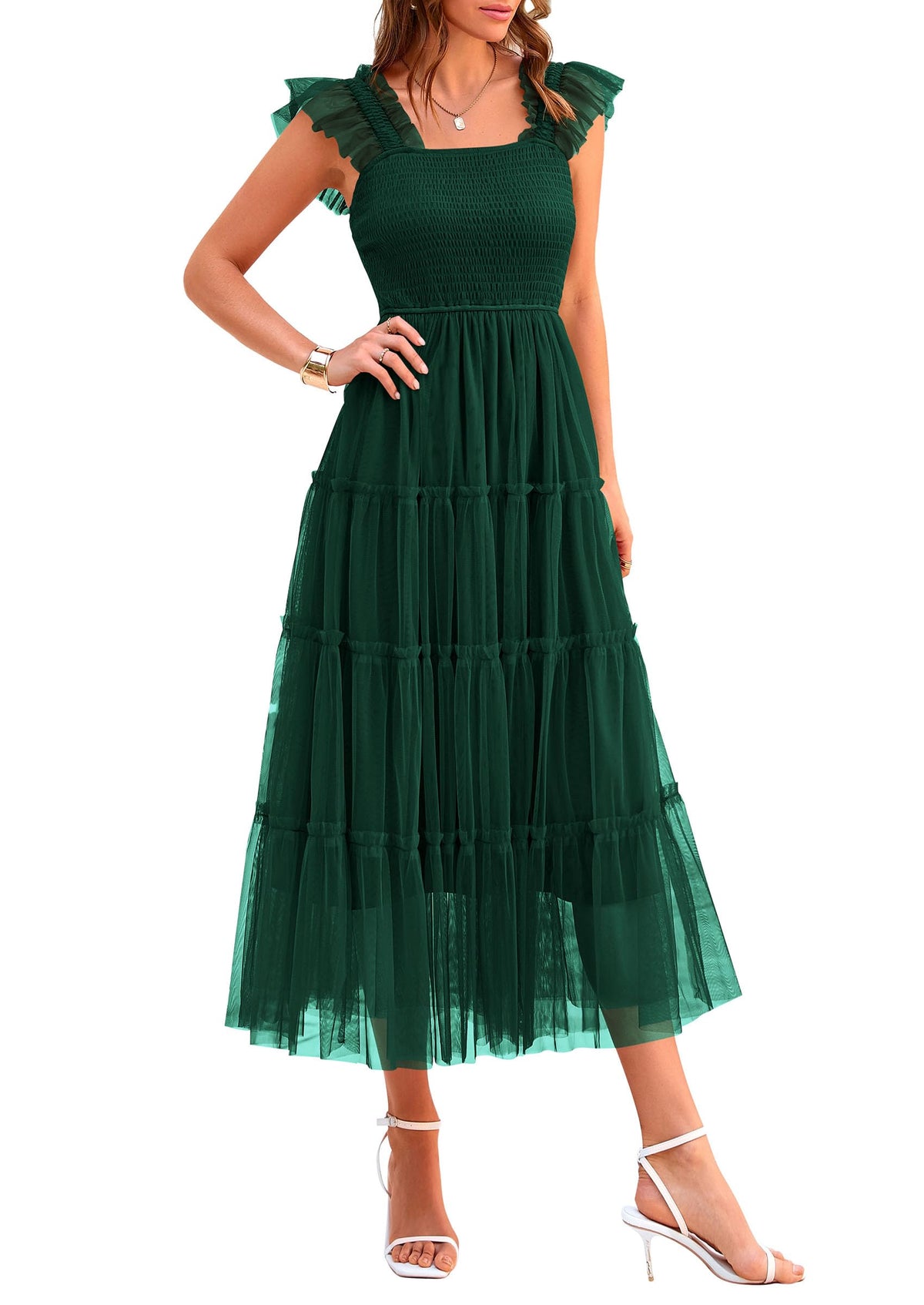 PRETTYGARDEN Women's Summer Smocked Midi Tulle Dress
