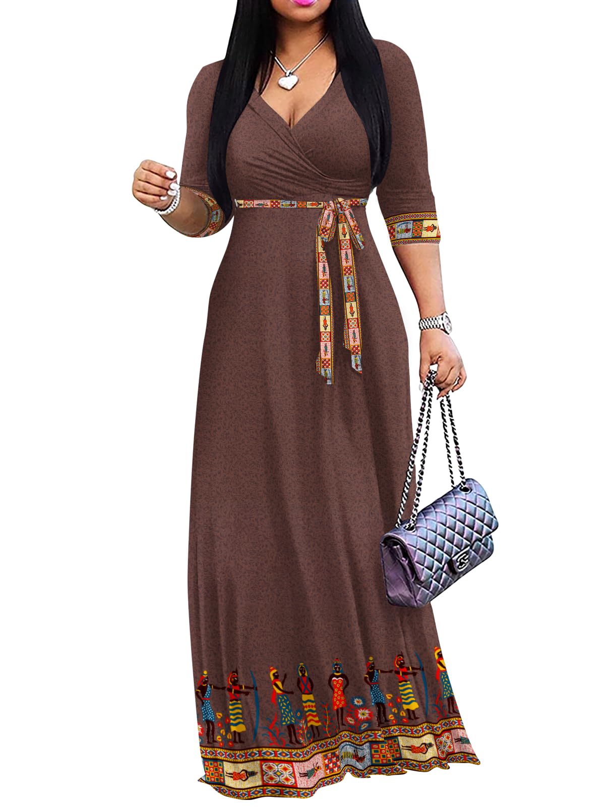 Yajedo Womens Casual Summer Maxi Dress Plus Size Sexy Wrap V Neck 3/4 Sleeve Sundress with Pockets