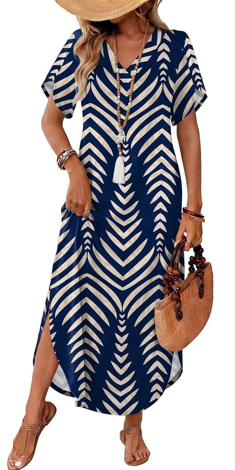 WIHOLL Summer Dresses for Women Short Sleeve Maxi Dresses V Neck Sundress with Side Slit Pockets Casual Beach Dress