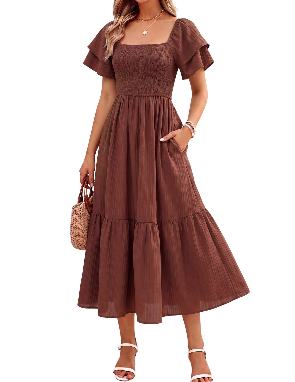 Women's Summer Midi Dress Short Sleeve Square Neck Off Shoulder Ruffle Elastic High Waist Vacation Dress with Pockets