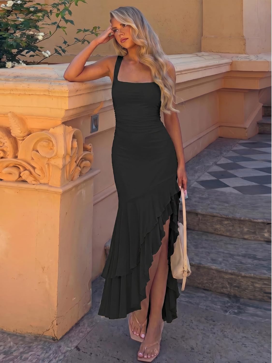 BORIFLORS Women's Elegant Bodycon Ruched Maxi Cocktail Dress