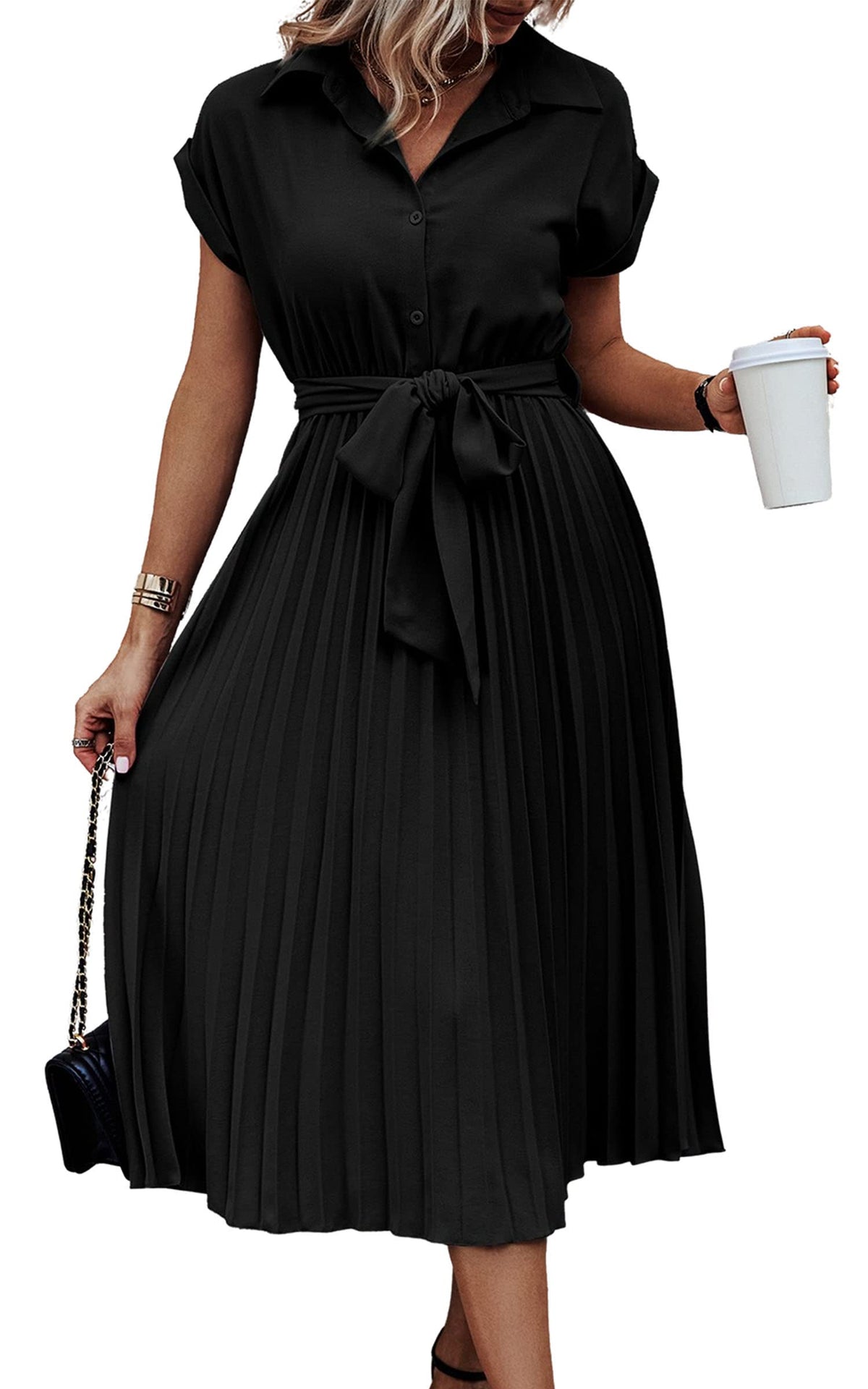ECOWISH Womens Casual Midi Dresses Solid V Neck Short Sleeve Button Shirt Belted Dress with Pockets for Spring Summer 2026