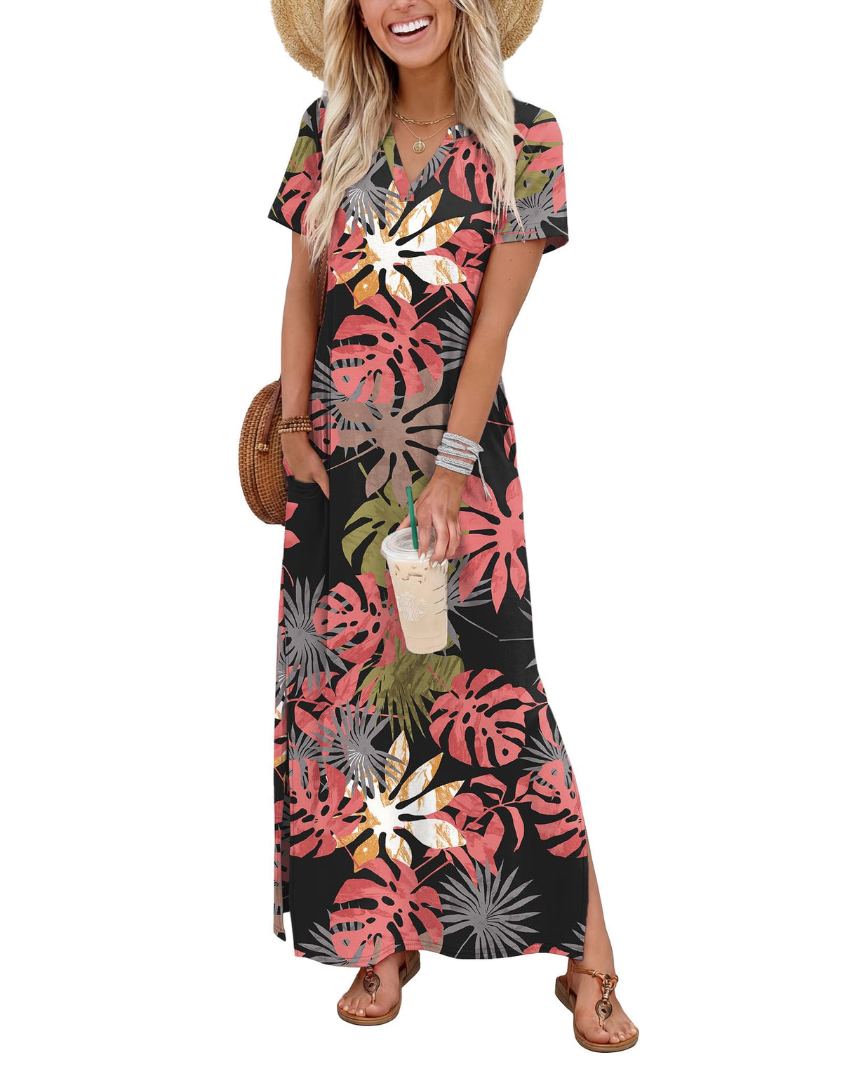 OFEEFAN Summer Dresses for Women 2026 Maxi Dress Short Sleeve Sundresses with Pockets Beach Vacation Spring Outfits