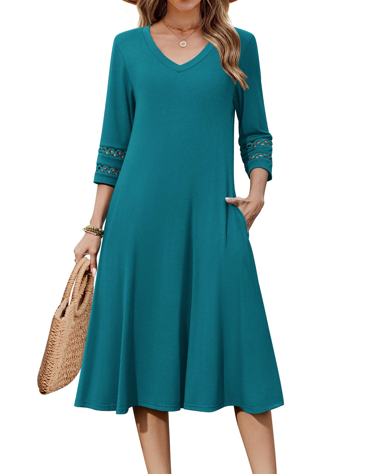 Zeagoo Women's Dresses 3/4 Sleeve Casual V-Neck A Line Eyelet Midi Dress