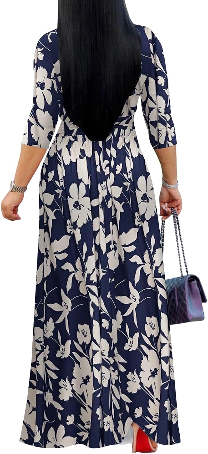 Yajedo Womens Casual Summer Maxi Dress Plus Size Sexy Wrap V Neck 3/4 Sleeve Sundress with Pockets