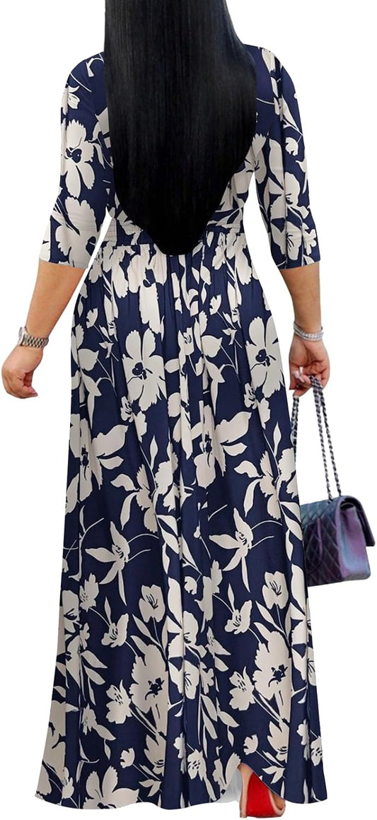 Yajedo Womens Casual Summer Maxi Dress Plus Size Sexy Wrap V Neck 3/4 Sleeve Sundress with Pockets