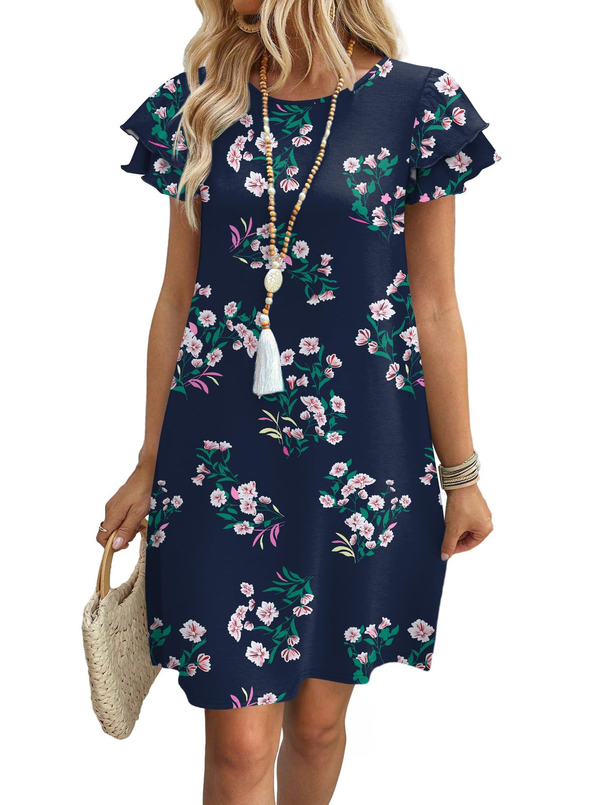 OFEEFAN Womens Summer Dresses 2026 Ruffle Sleeve Round Neck Loose Swing Sundresses with Pockets Plain/Print