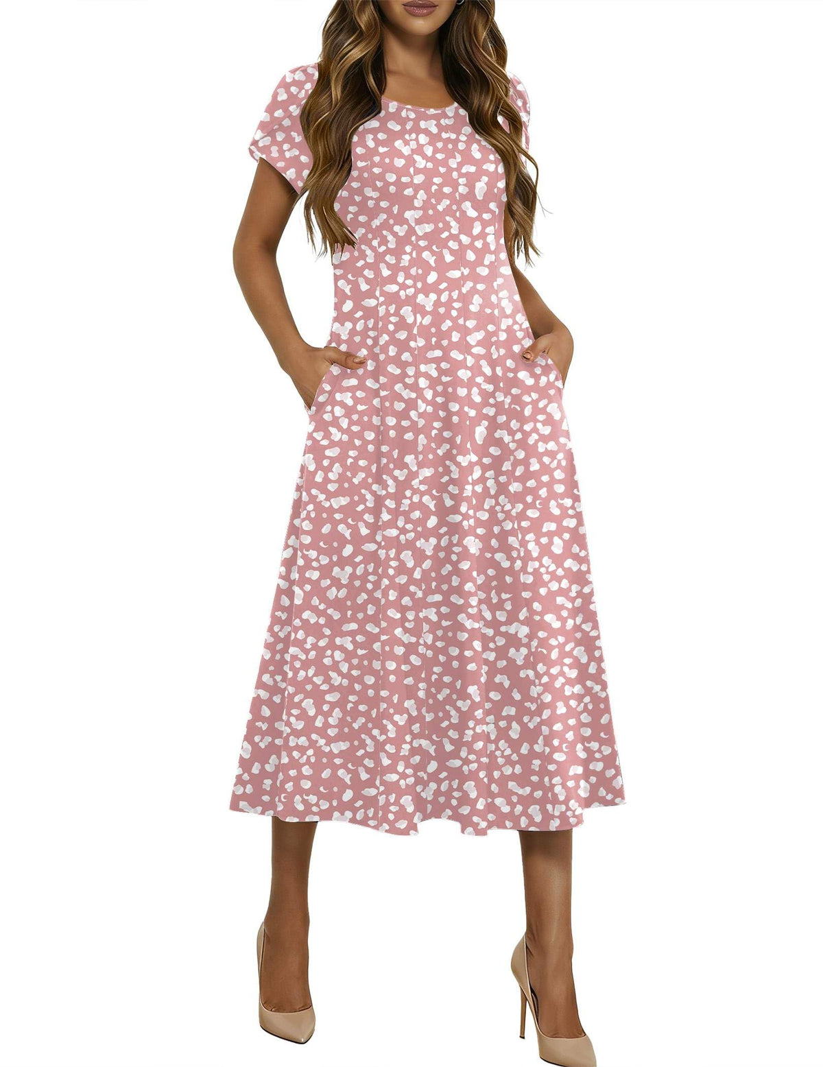 HOTOUCH Summer Dresses for Women 2026 Casual Midi Dress Petal Short Sleeve A Line Dress Pleated Flare Sundress