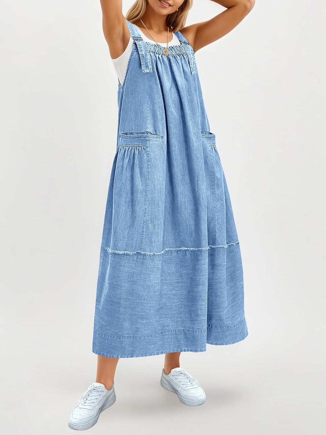 Cicy Bell Women's Denim Overall Dress Casual Adjutable Strap Back Drawstring Loose Jumper Bib Maxi Dresses with Pockets