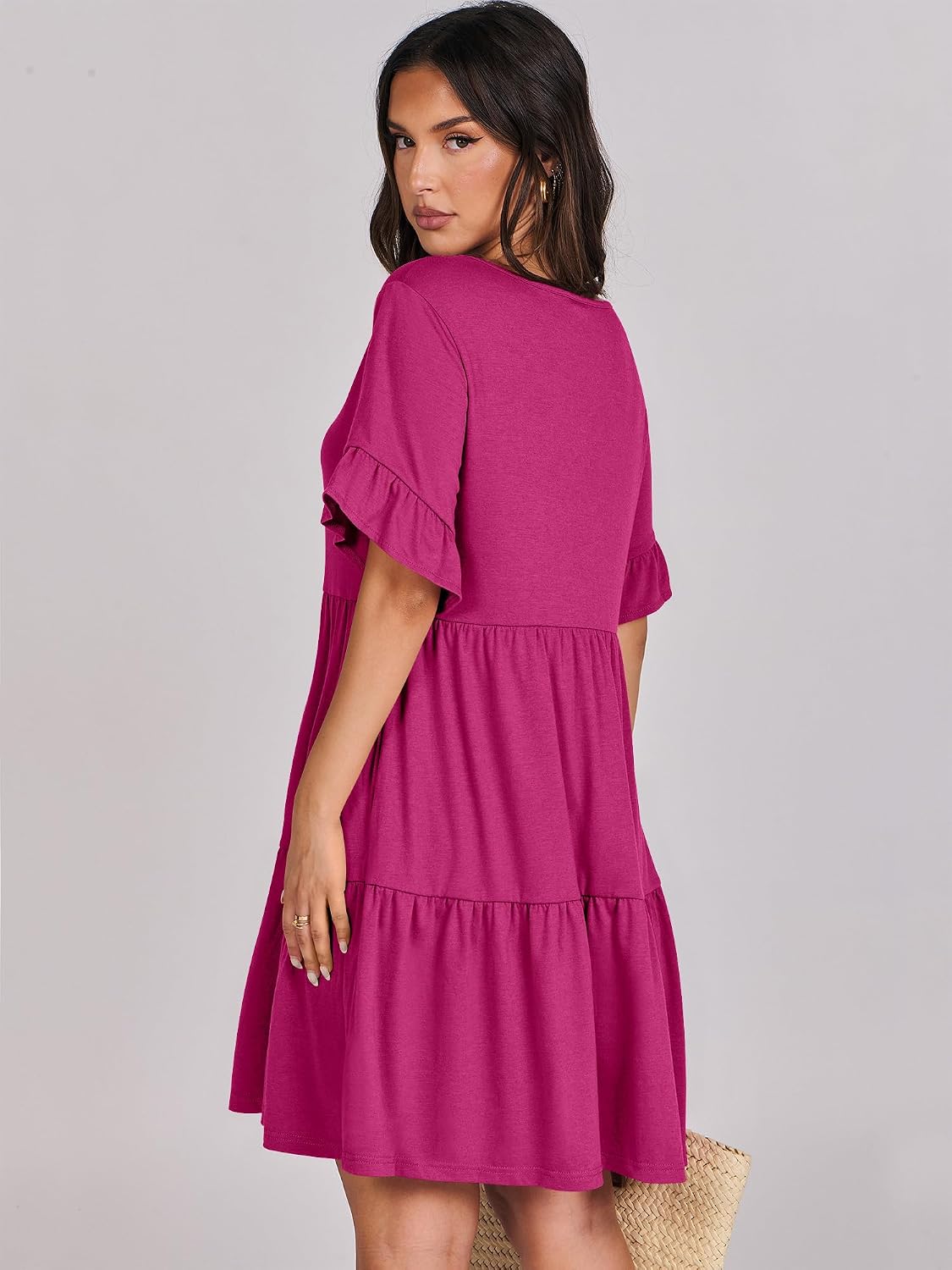 ANRABESS Dresses for Women Summer 2026 V Neck Ruffle Sleeve A Line Tiered Flowy Casual Trendy Mini Beach Dress with Pockets