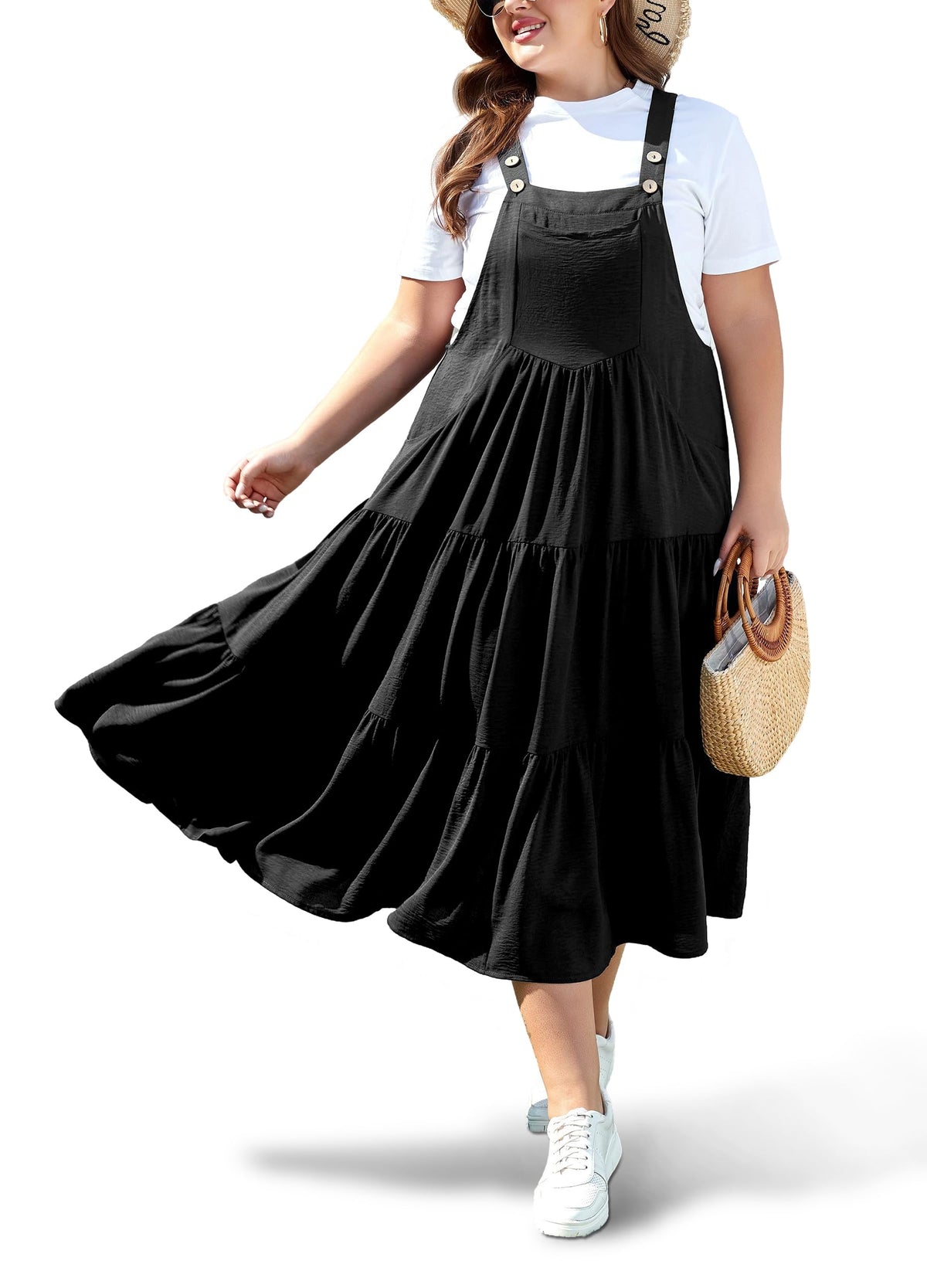 Moon Wood Plus Size Overall Dress for Women Summer Casual Maxi Dresses Jumper Dresses with Pockets Adjustable Straps