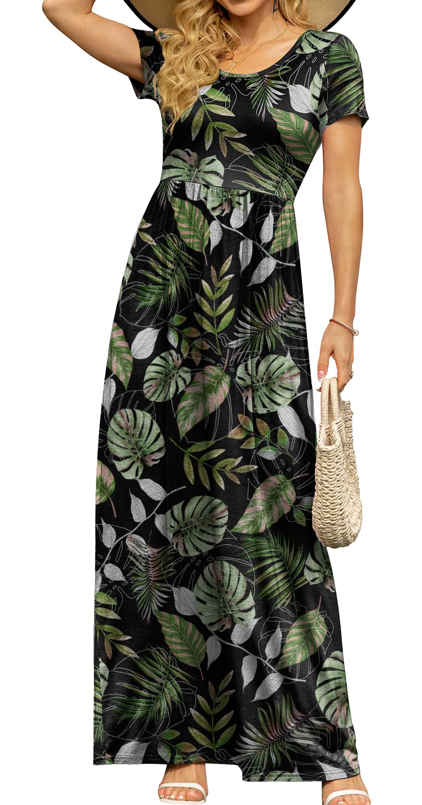 DB MOON Women's Summer Maxi Dress Casual Short Sleeve Empire Waist Pockets