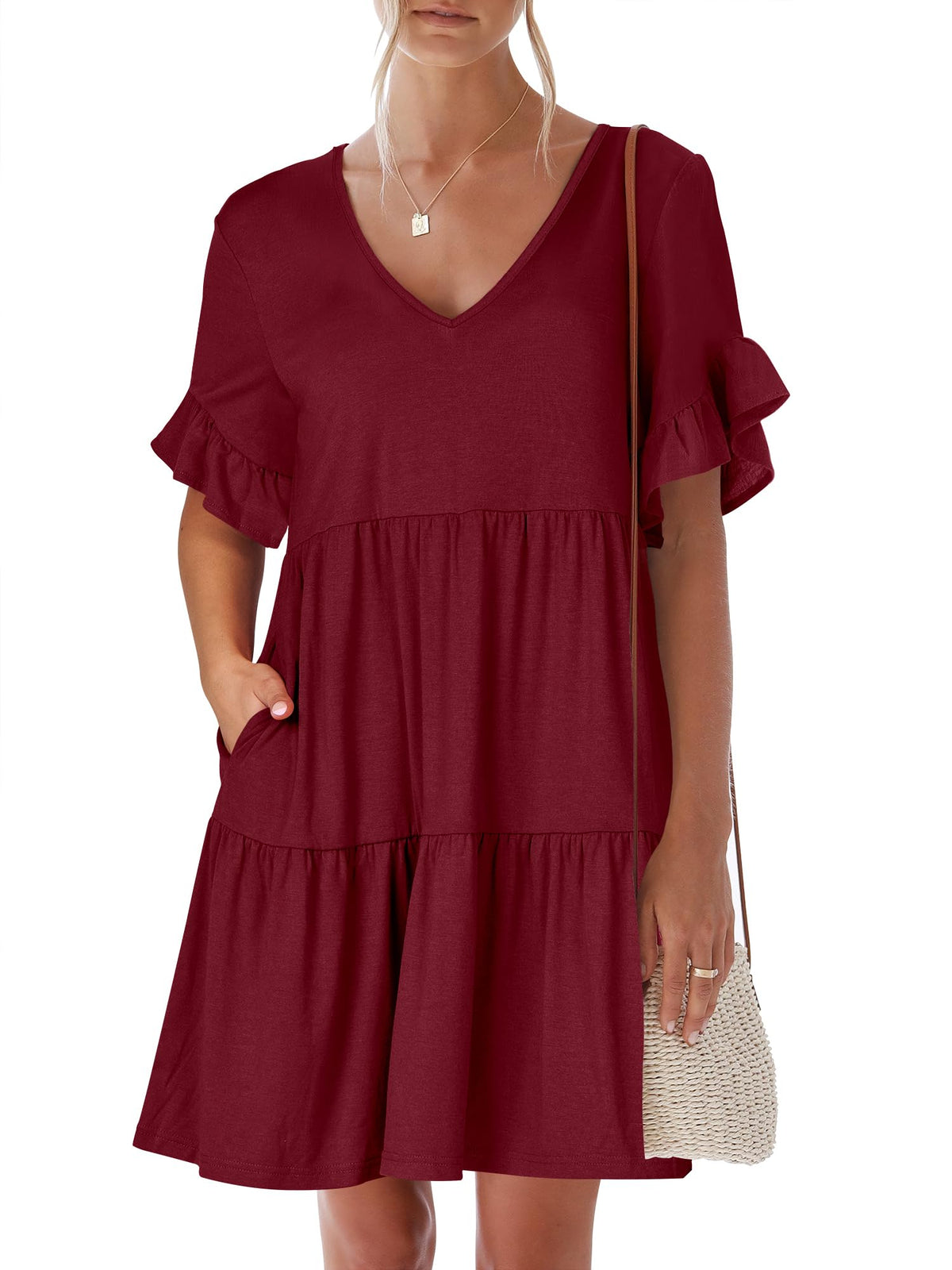 ANRABESS Dresses for Women Summer 2026 V Neck Ruffle Sleeve A Line Tiered Flowy Casual Trendy Mini Beach Dress with Pockets