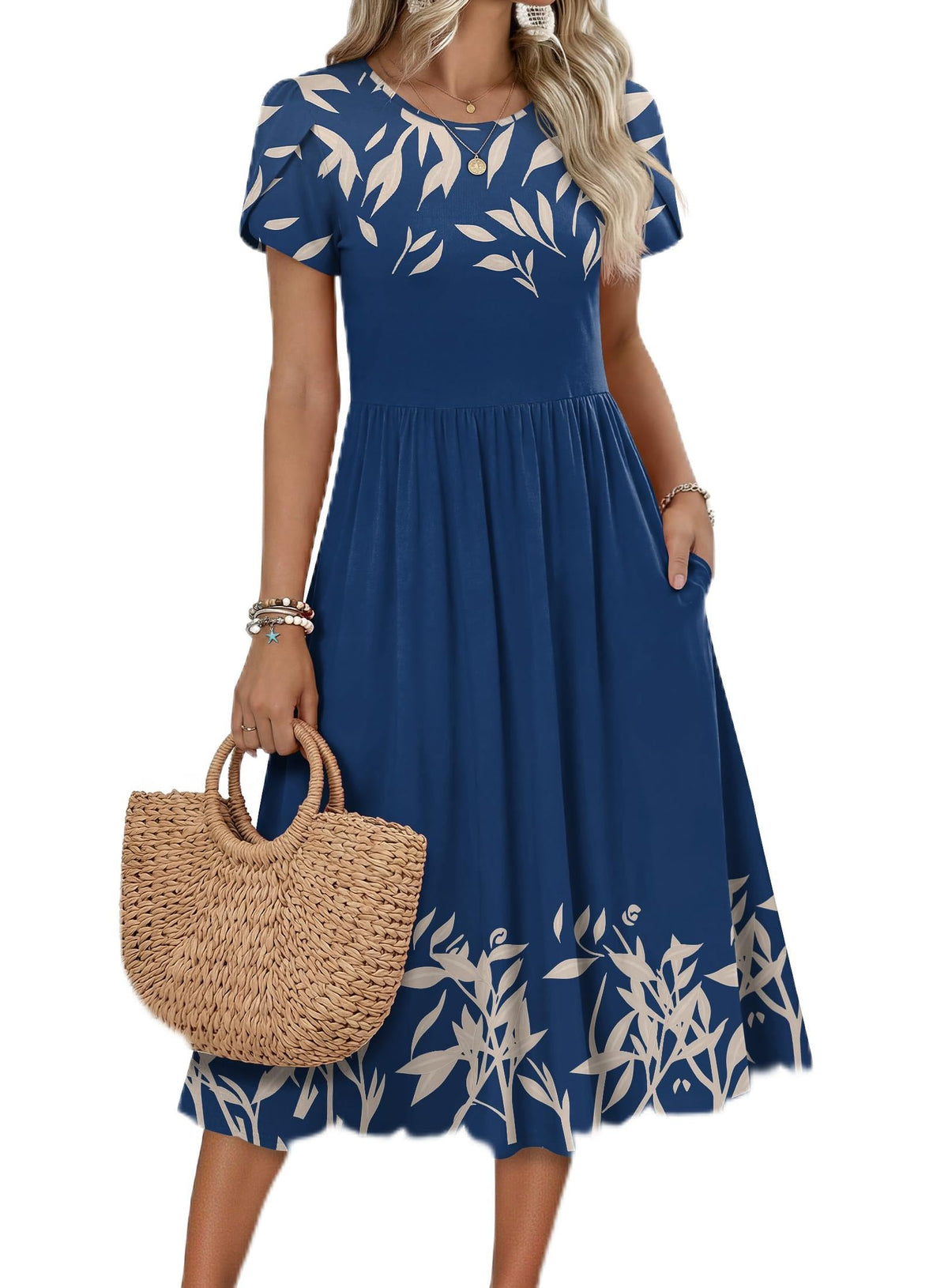 Zeagoo Womens Summer Dresses Casual Aline Midi Dress Short Sleeve Floral Tshirt Dress Flowy Beach Sundresses with Pockets