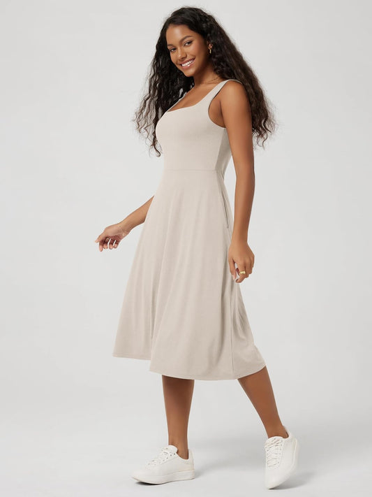 ODODOS Square Neck Midi Dress with Pockets for Women Summer Casual Sleeveless Sundress Flare Tank Dress