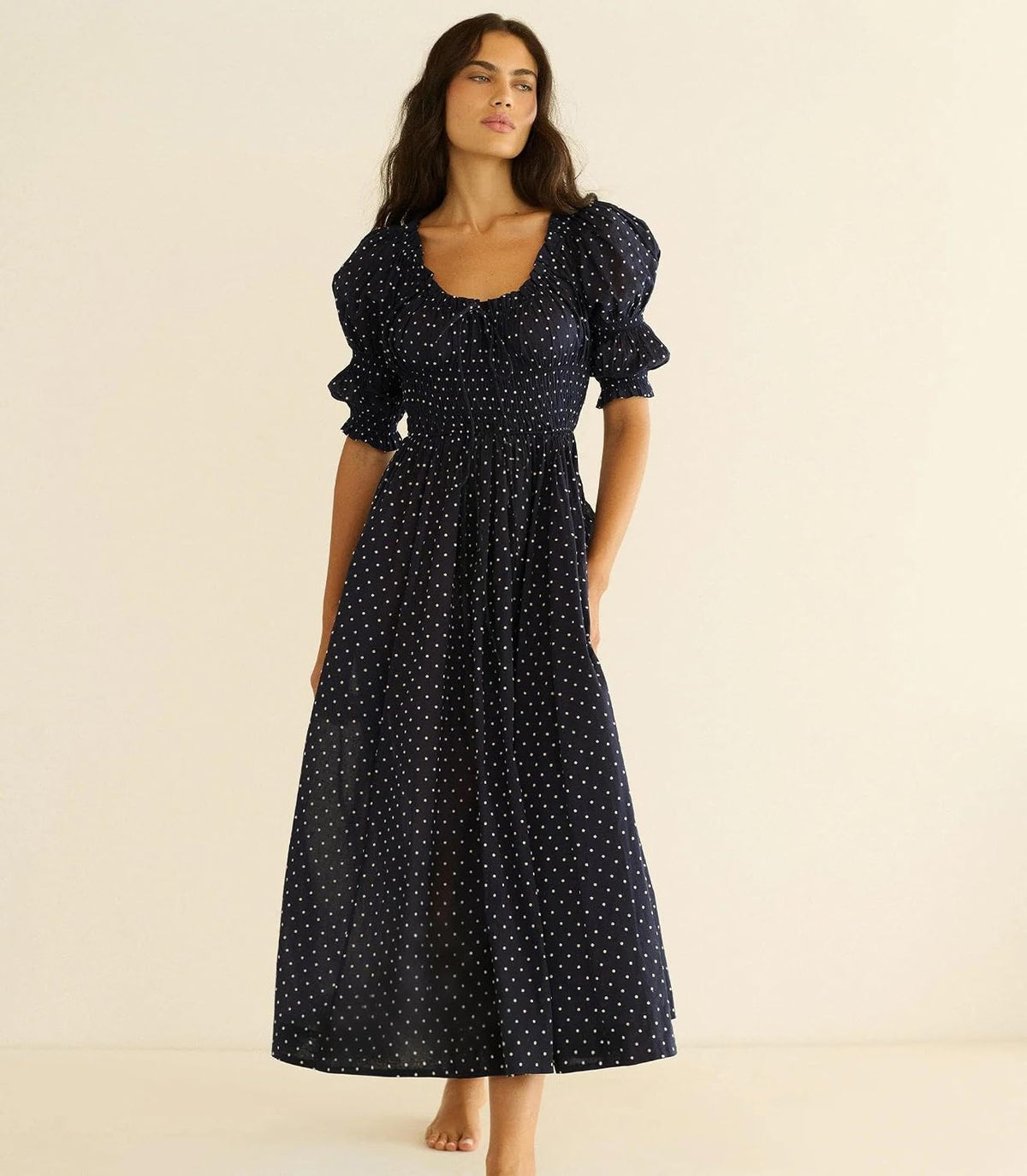 ABYOVRT Women Smocked Dresses Puff Sleeve Off Shoulder Flowy Midi Dress Baby Shower Summer Fall