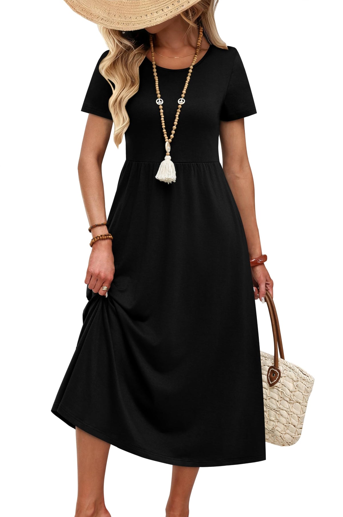 OFEEFAN Spring Summer Dresses for Women 2026 Crewneck Short Sleeve Flowy Casual Midi Beach Sundress with Pockets