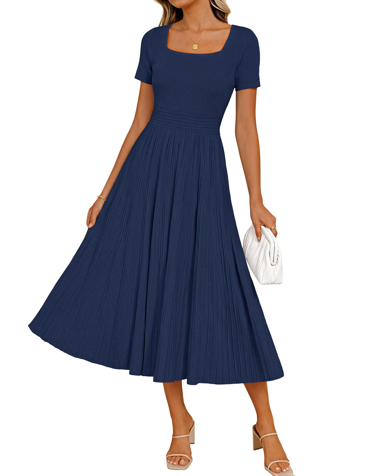 ZESICA Womens Elegant Pleated Wedding Guest Midi Sweater Dress