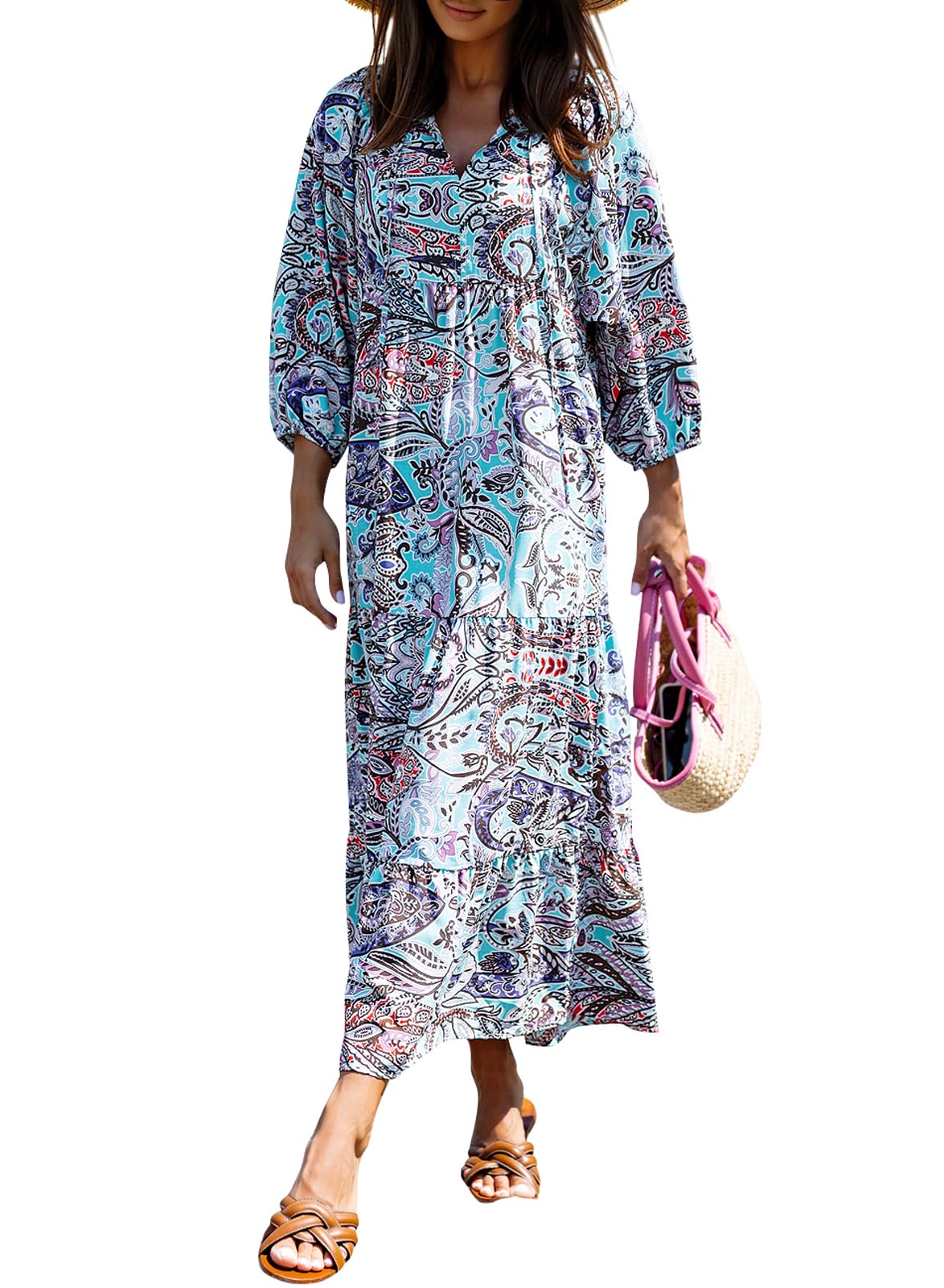 miduo Womens Casual V Neck Half Sleeve Bohemian Geometric Maxi Long Dresses