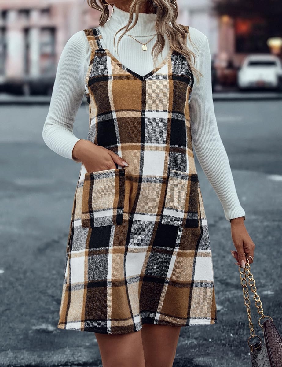 IDEALSANXUN Plaid Overall Dress for Women Fall Winter Sleeveless Plaid Dresses with Pockets