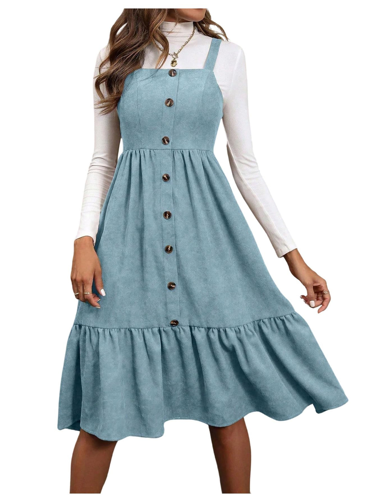WDIRARA Women's Button Front Sleeveless Ruffle Hem Pinafore Dress Corduroy Jumper Dress