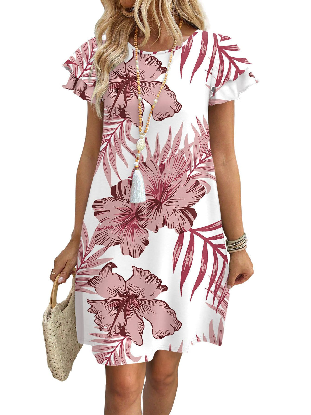 OFEEFAN Womens Summer Dresses 2026 Ruffle Sleeve Round Neck Loose Swing Sundresses with Pockets Plain/Print