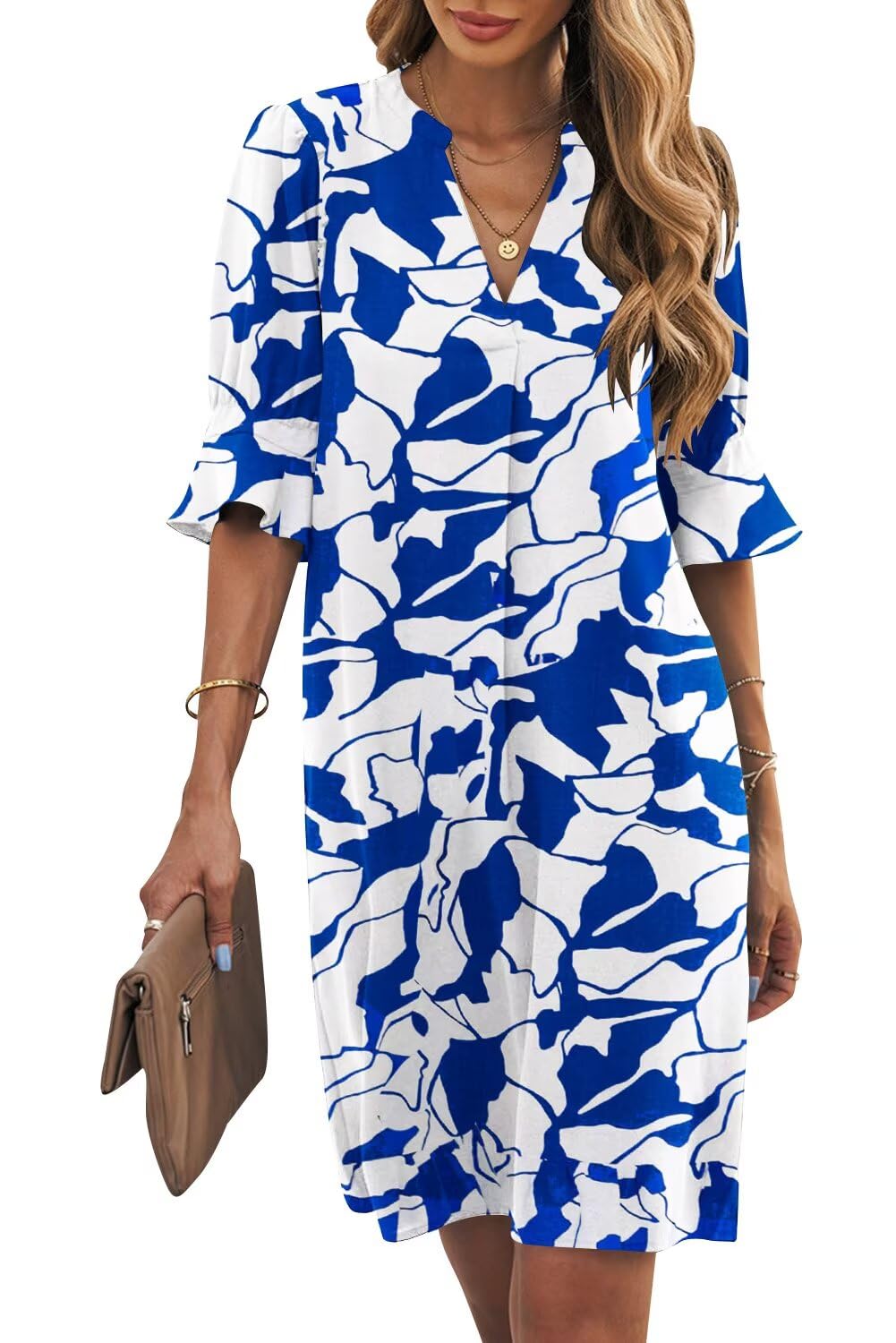 Wkior Womens Summer Ruffle Short Sleeve V Neck Shift Dress