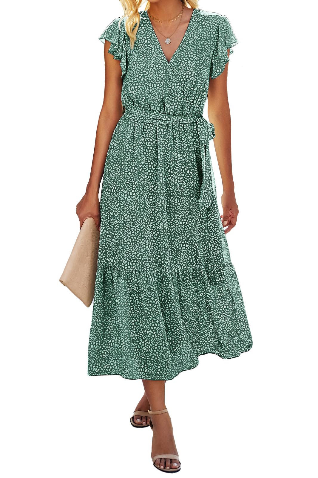 BTFBM Women Summer Casual Wrap V Neck Ruffle Cap Sleeve Belted Midi Dress