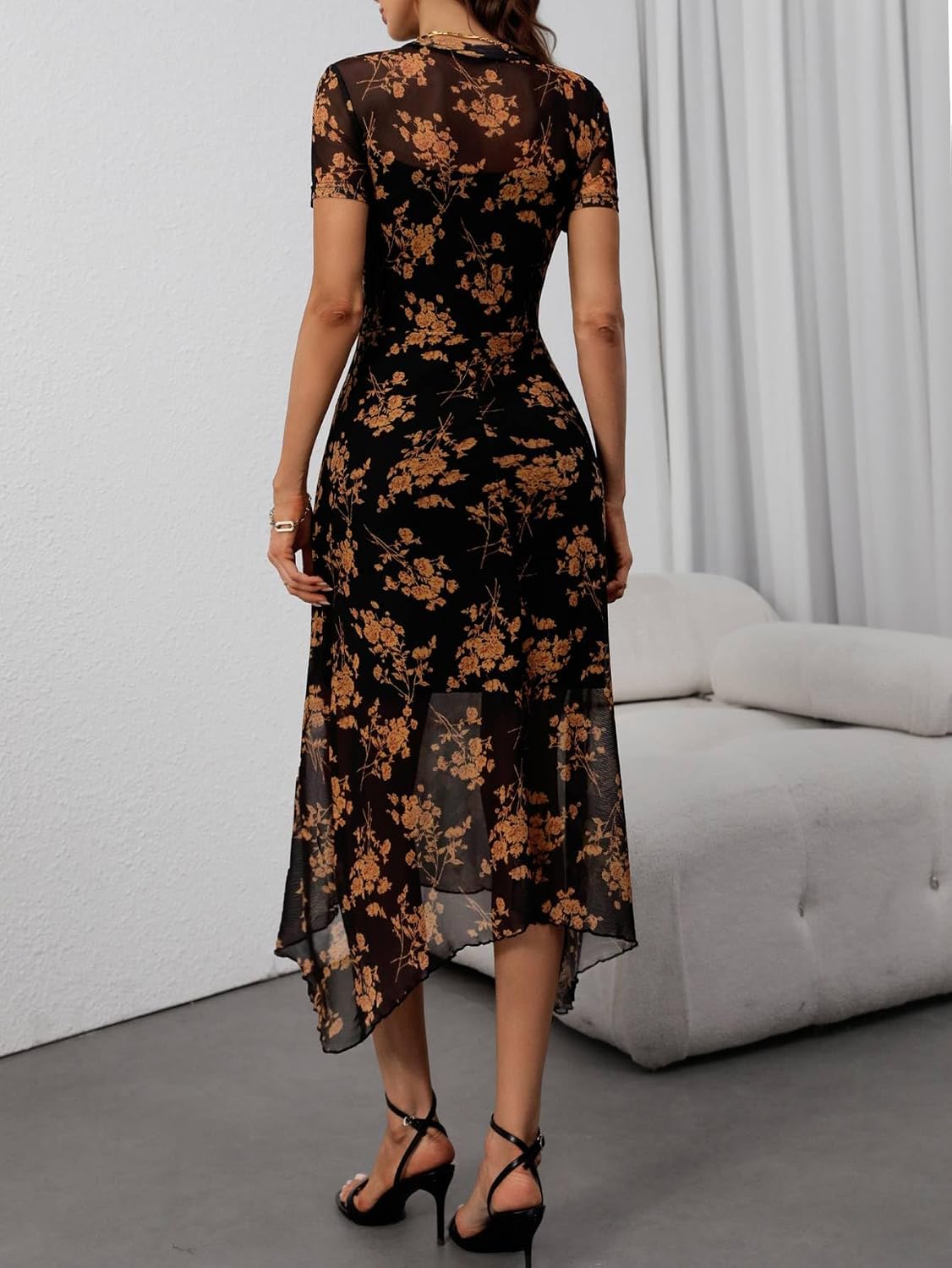 GothDark Women Summer Wedding Guest Floral Mesh Irregular Hem Midi Dress