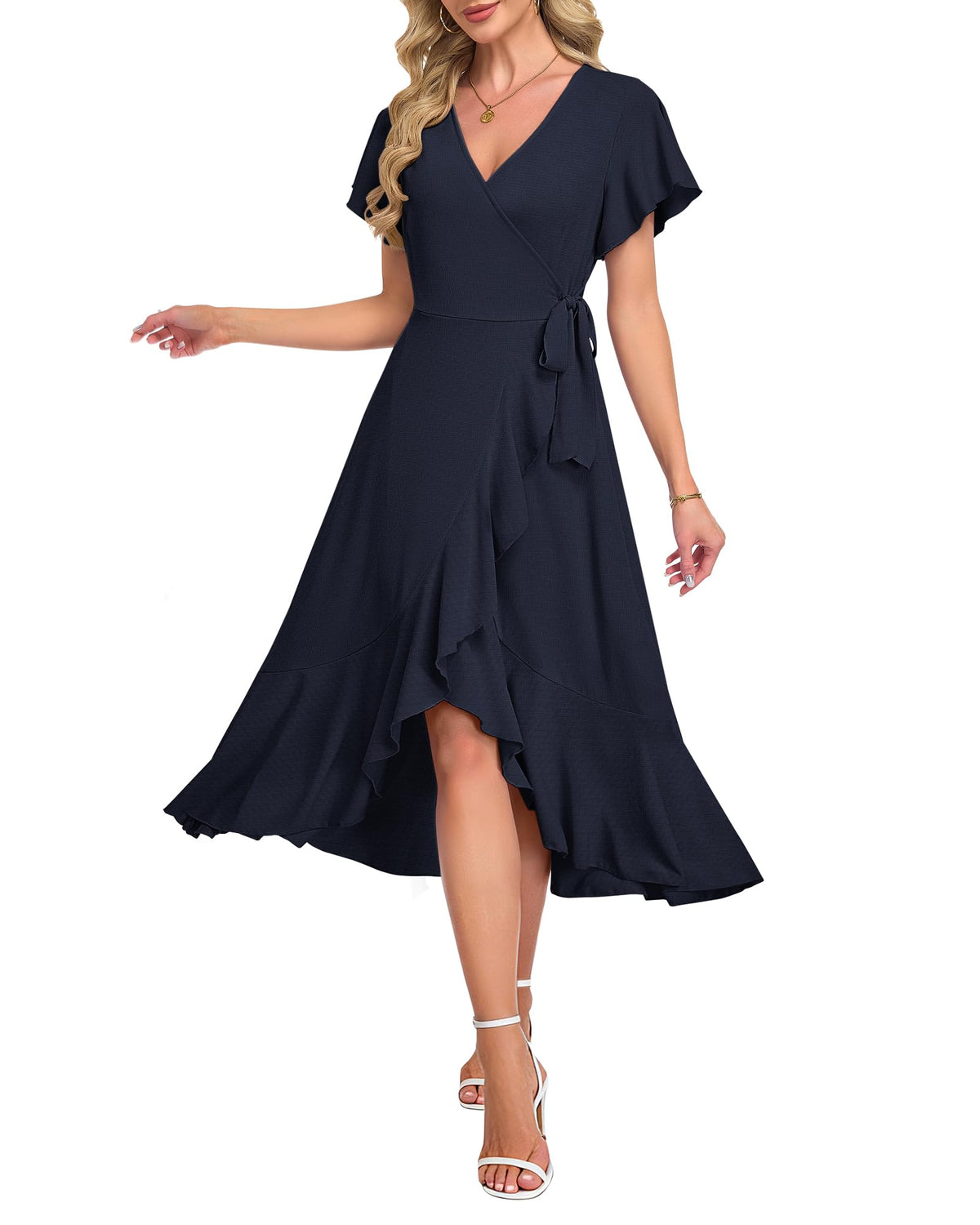 AUSELILY Women Summer Midi Dresses Wrap Short Flutter Sleeve Elegant Dress