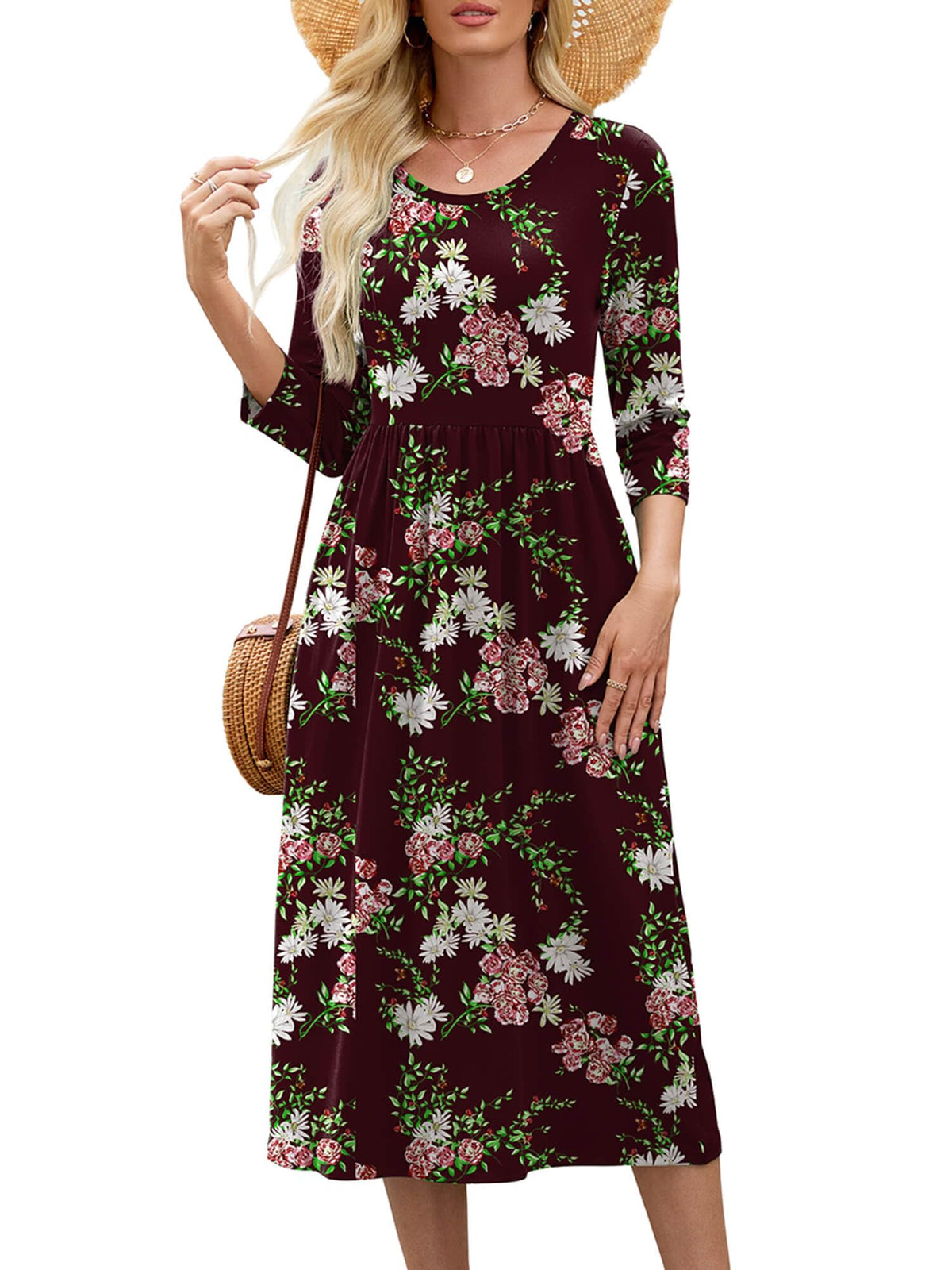 Heymoments Women's Casual 3/4 Sleeve Midi Dress with Pockets