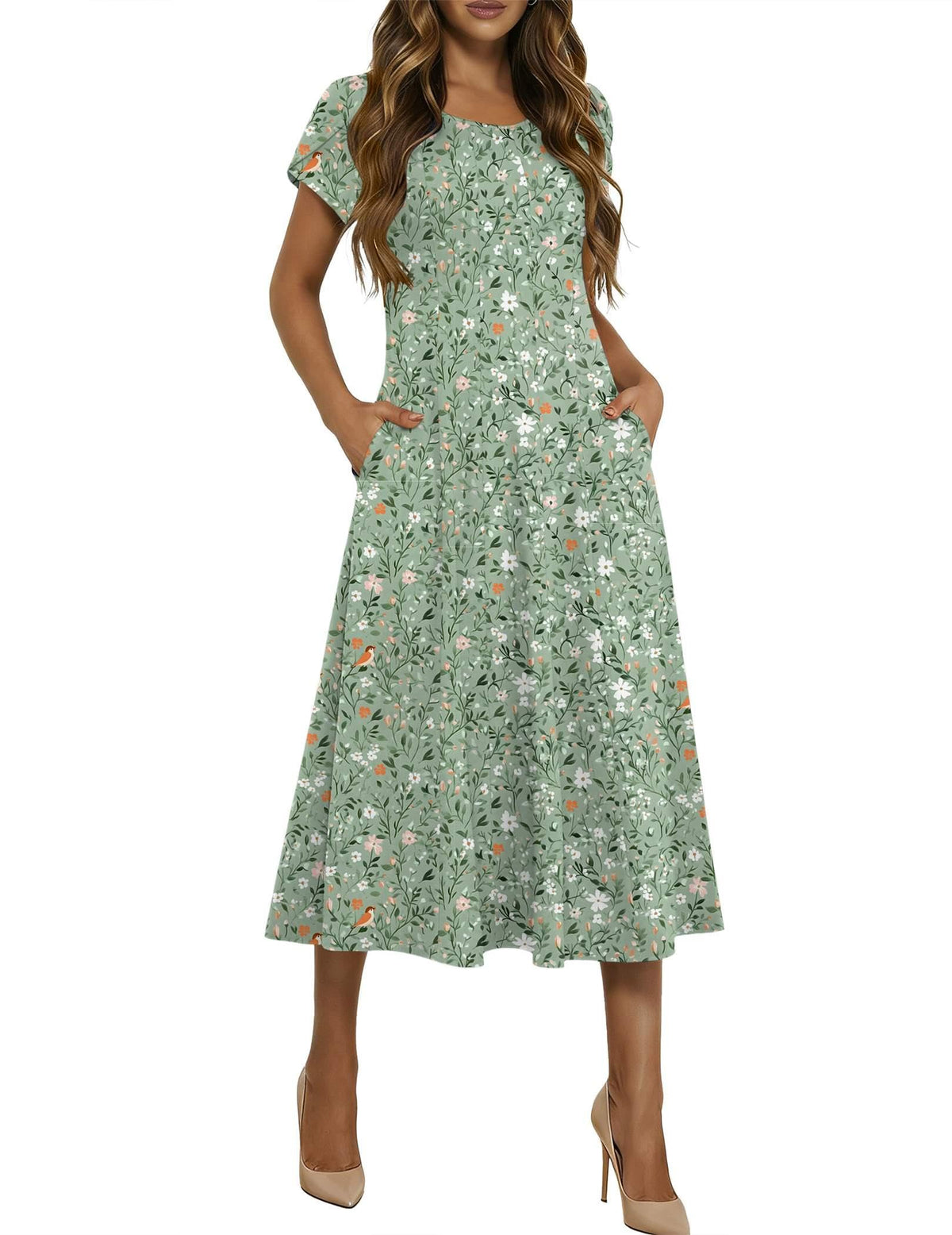 HOTOUCH Summer Dresses for Women 2026 Casual Midi Dress Petal Short Sleeve A Line Dress Pleated Flare Sundress