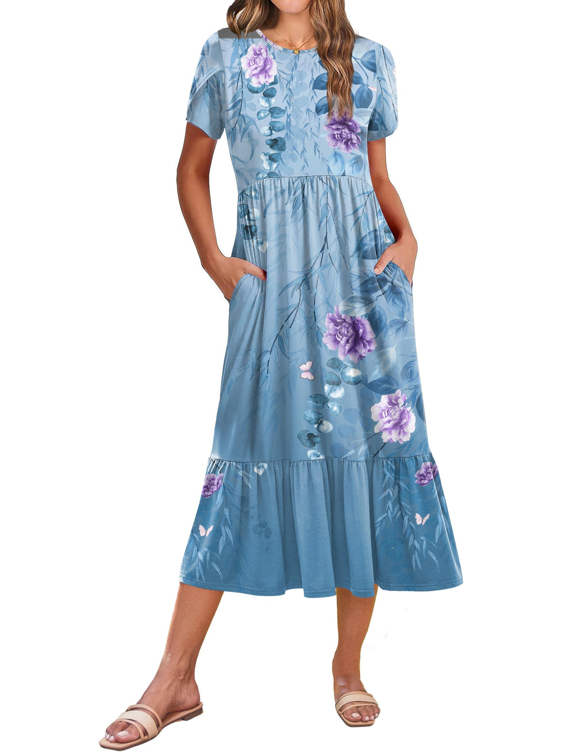Zeagoo Women Summer Midi A Line Dress Short Sleeve Casual Flowy Tiered Beach Long Sundress with Pockets 2026 Vacation Travel