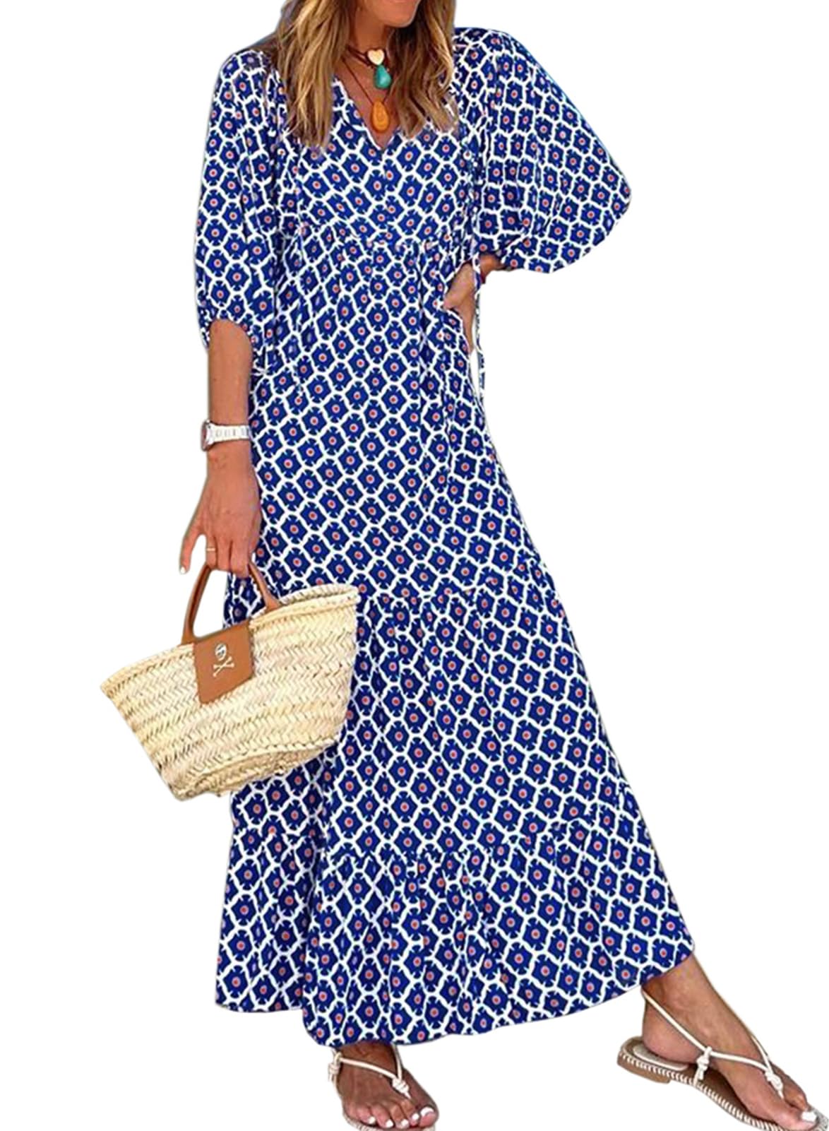miduo Womens Casual V Neck Half Sleeve Bohemian Geometric Maxi Long Dresses