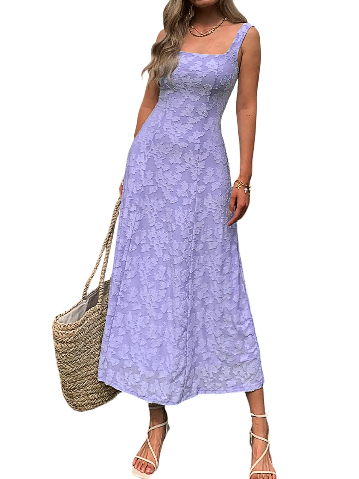 Mieazom Women’s Floral Maxi Dress Square Neck Sleeveless A Line Summer Dress Elegant Fitted Bodice Flowy Long Sundress