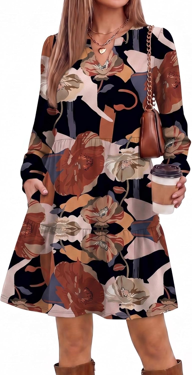 OFEEFAN Fall Dresses for Women V Neck Long Sleeve Tiered Dress with Pockets