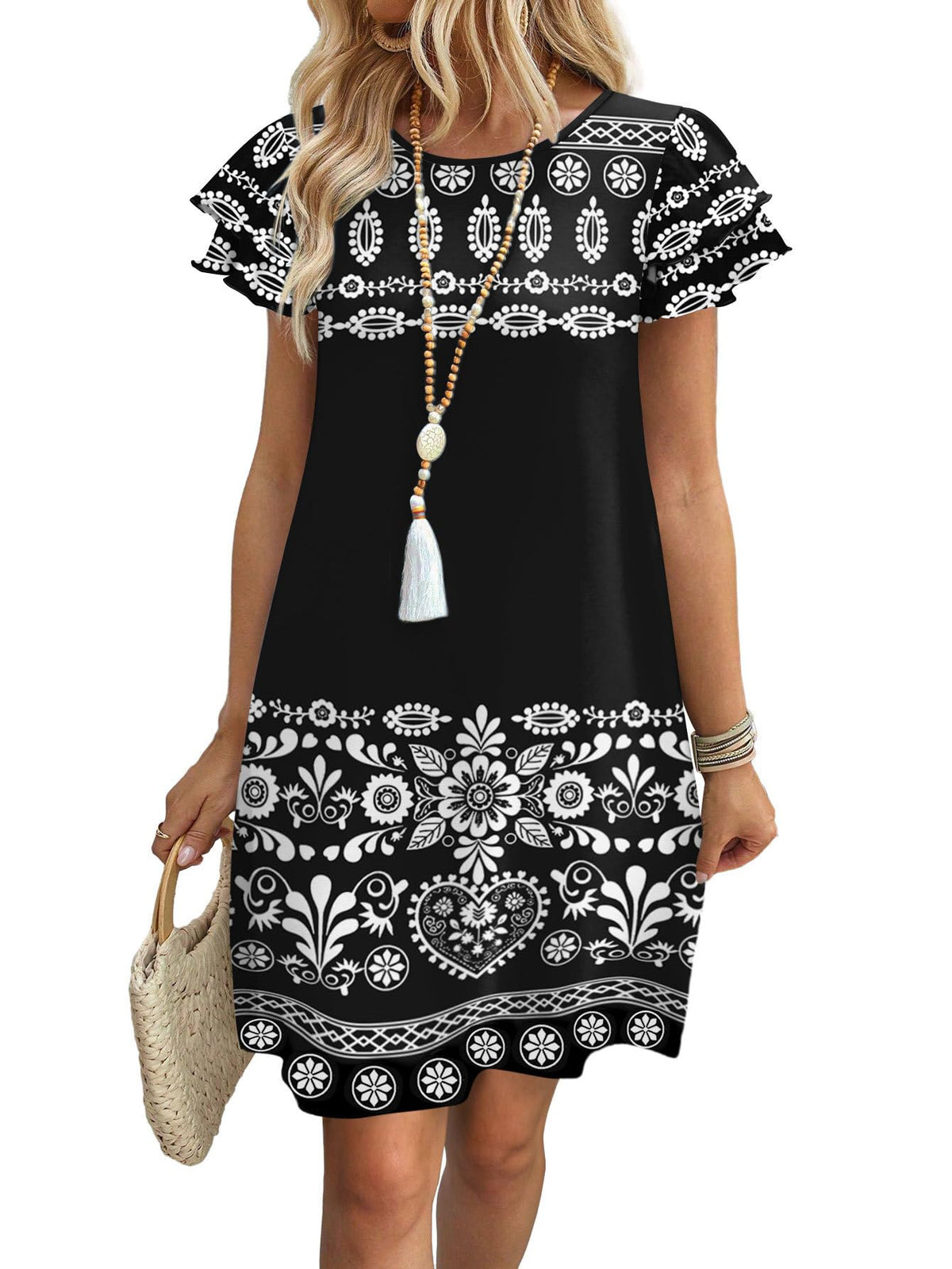 OFEEFAN Womens Summer Dresses 2026 Ruffle Sleeve Round Neck Loose Swing Sundresses with Pockets Plain/Print
